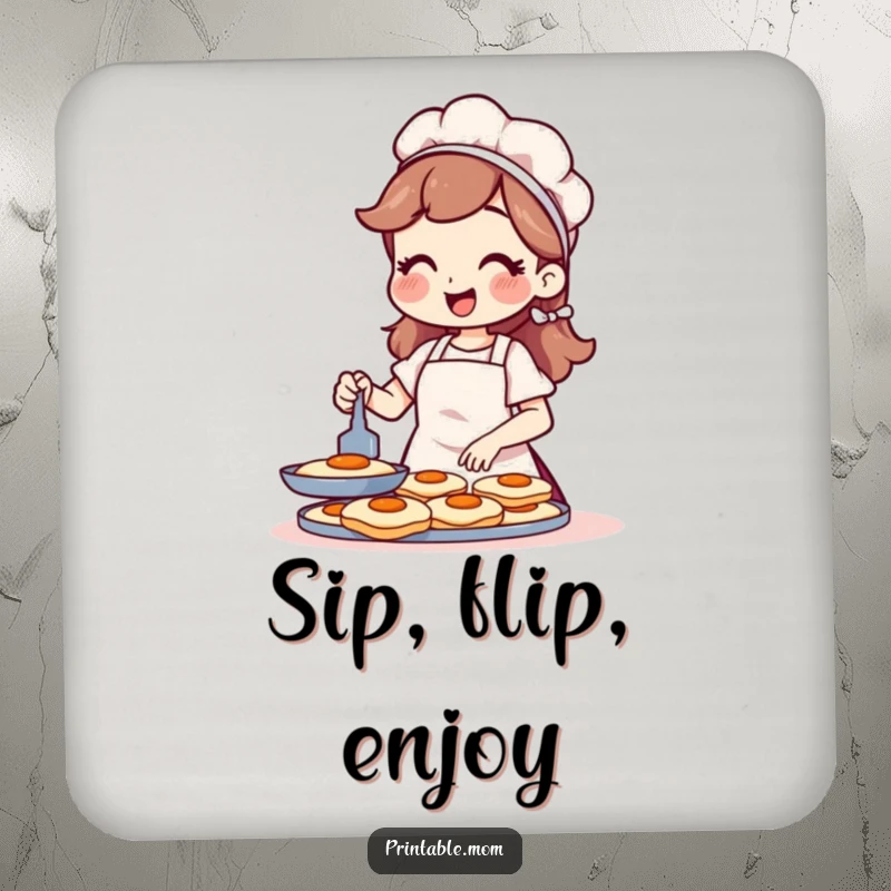 Funny drink coasters featuring a cheerful mom in an apron flipping pancakes, protecting furniture.