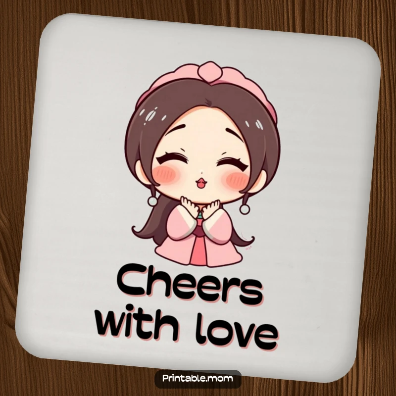 Funny drink coasters featuring a rosy-cheeked mom character blowing a kiss, perfect for a humorous and loving touch.