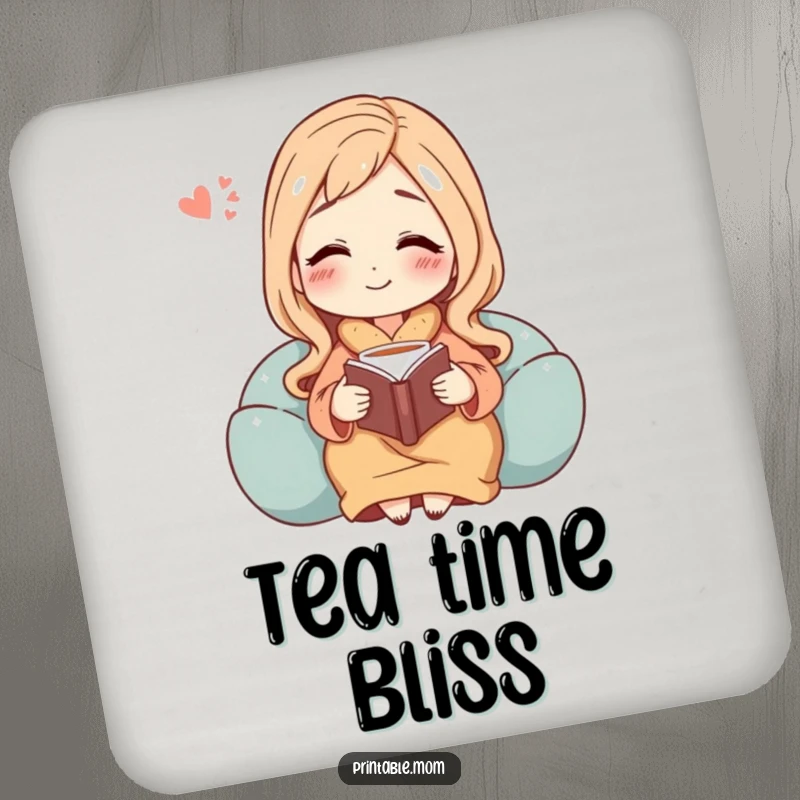 Funny drink coaster showing a mom character enjoying a quiet moment with a book and tea, letting out a happy, peaceful sigh.