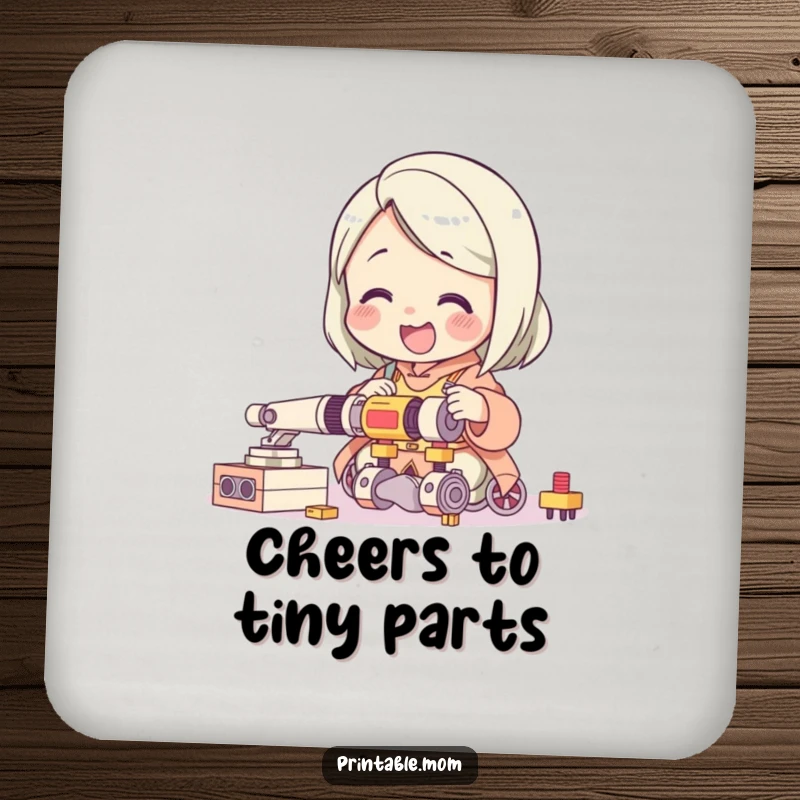 Funny drink coaster featuring a giggling mom character delightedly assembling a complicated toy, adding parenting humor to any table.