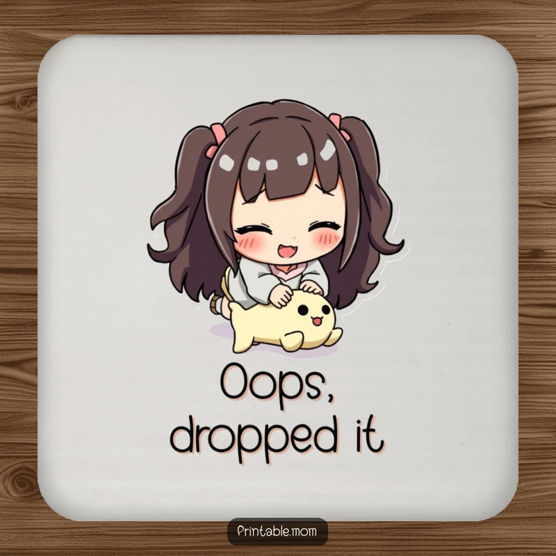 Funny mom coaster featuring a smiling mom comically tripping over a toy, adding humor to drink placement.