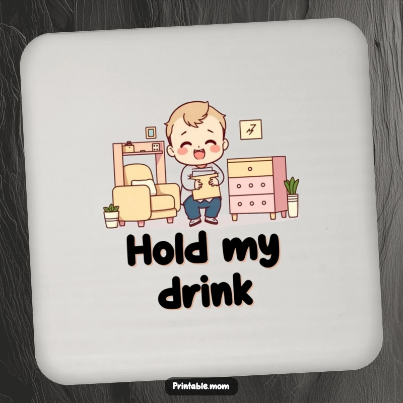 Funny drink coasters depicting a character comically failing at flat-pack furniture assembly.