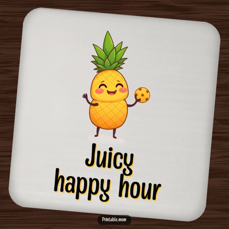 Funny Drink Coaster depicting a giggling pineapple juggling small fruits with its leafy top.
