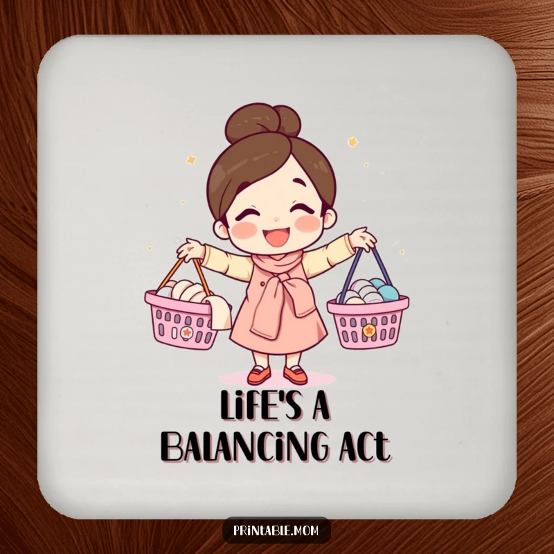Funny drink coaster with a happy mom illustration juggling laundry baskets, protecting surfaces with a humorous and relatable design.