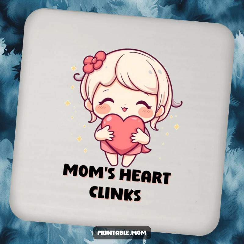 Funny drink coaster featuring a loving mom character with an open heart surrounded by sparkles, protecting surfaces humorously.
