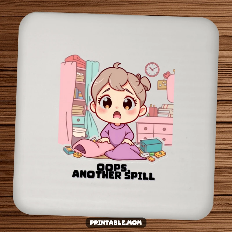 Funny drink coaster with a mom illustration showing wide, surprised eyes at a messy room, protecting surfaces with humor.