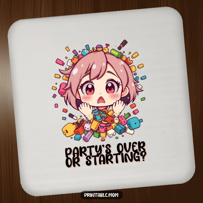 Funny drink coaster showing a mom character with wide, surprised eyes witnessing a joyous explosion of scattered toys.