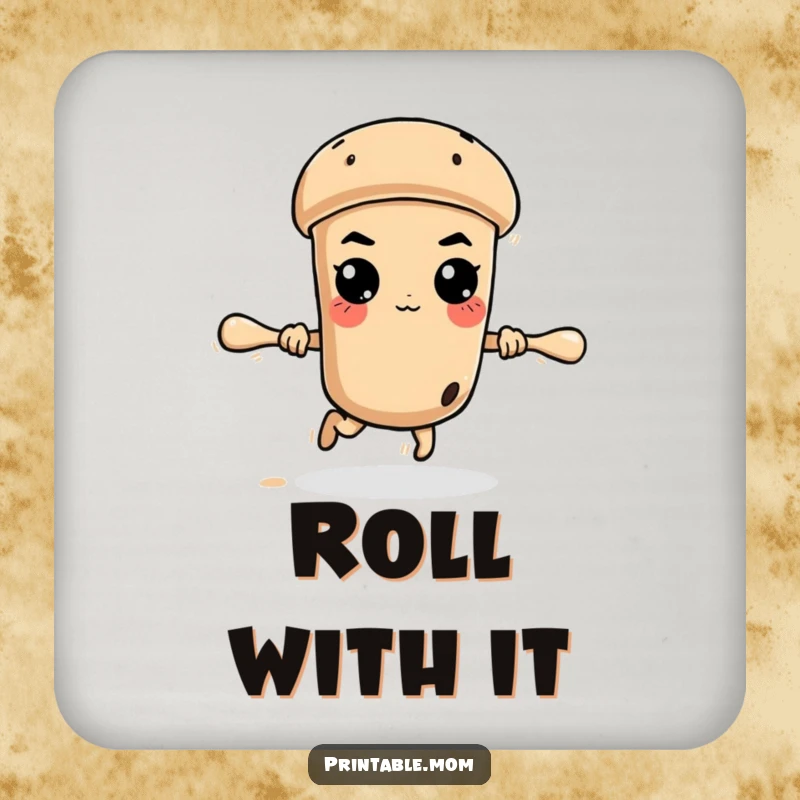 Funny determined rolling pin rolling across, on a humorous coaster designed to protect surfaces from spills