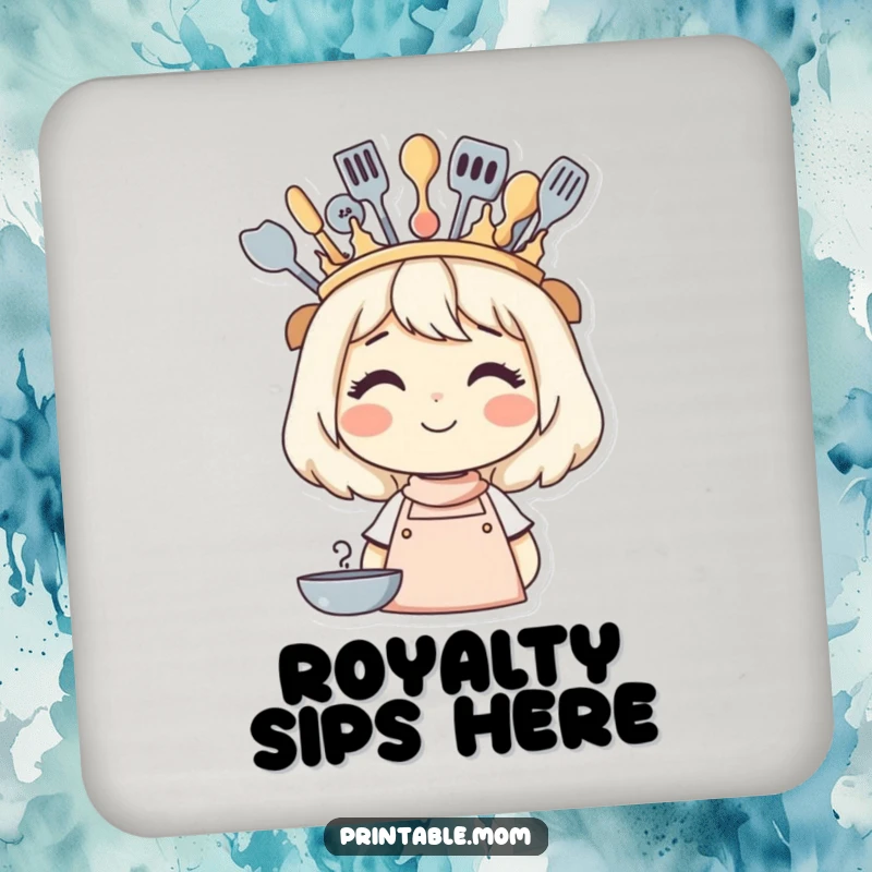 Funny drink coaster showcasing a smiling mom wearing a crown made of kitchen utensils, protecting surfaces with style.