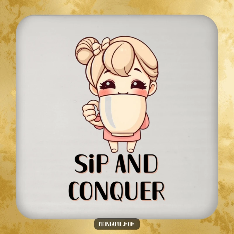 Funny drink coaster with a cheerful mom illustration holding a giant coffee mug, protecting surfaces with a touch of humor.