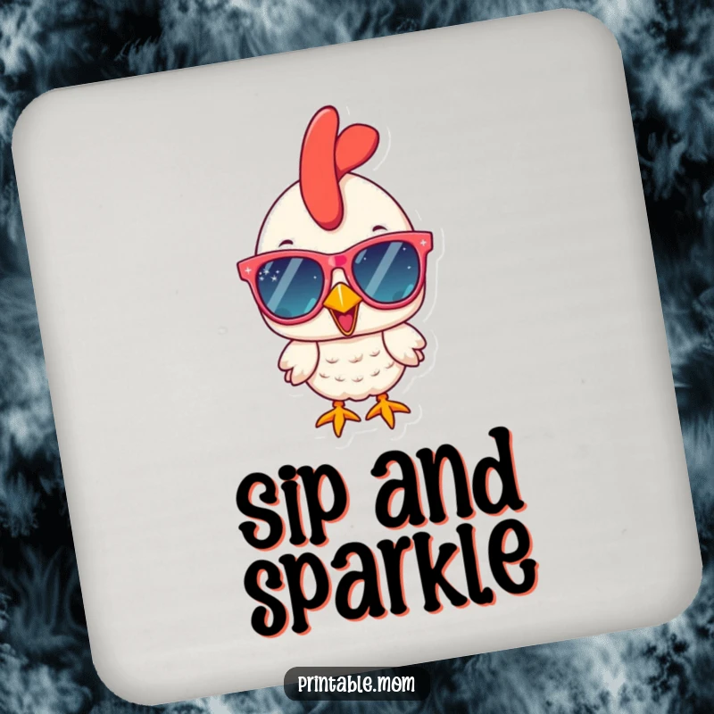 Funny chicken wearing oversized sparkly sunglasses, adding a splash of humor to protect surfaces on this drink coaster