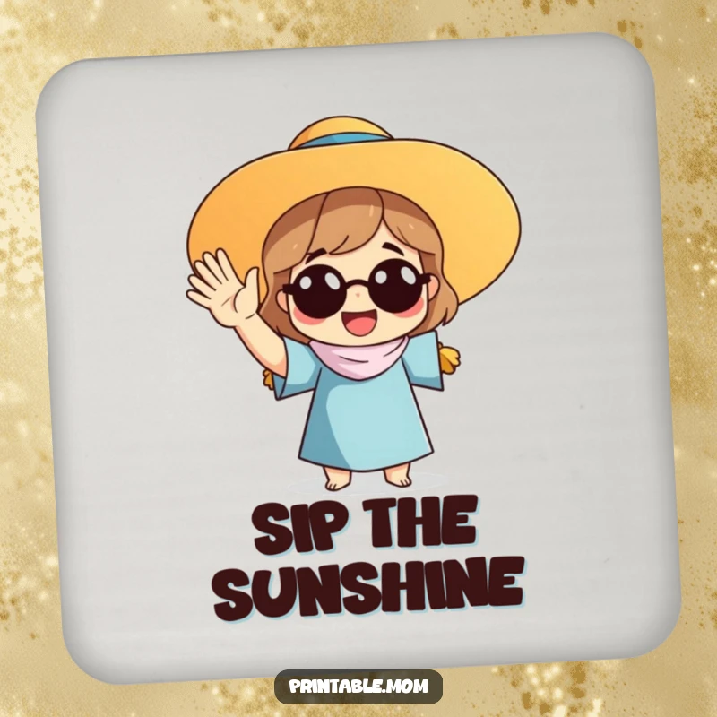 Funny drink coasters with a mom in a sun hat waving, adding sunny charm and surface protection.