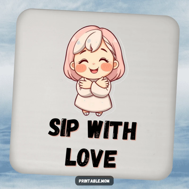 Funny mom character with a beaming smile offering a warm hug on a protective coaster.