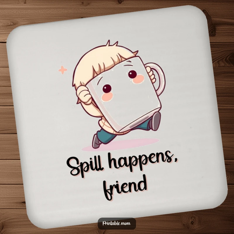 Funny Drink Coaster: Character comically tripping while holding a giant coffee mug, a humorous and protective table accessory.