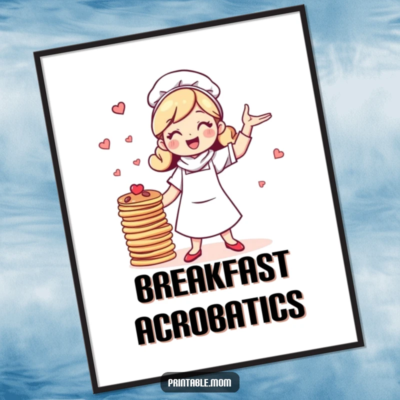 Funny poster art of a cheerful mom with bubbly energy, humorously juggling a tall stack of pancakes with a beaming smile.