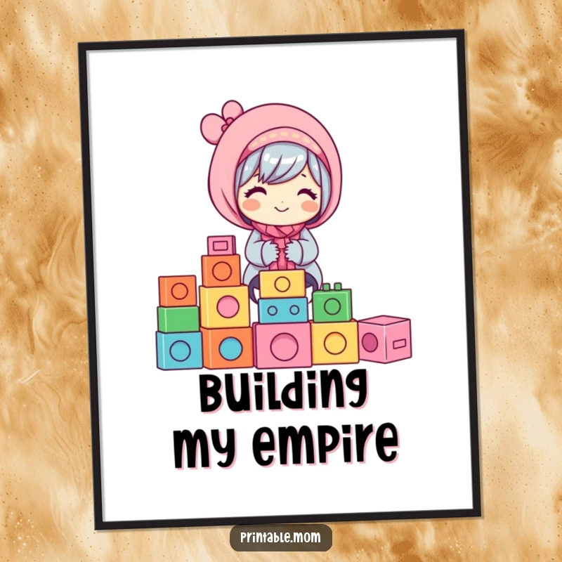 Funny Mom Poster: Artwork showing a happy mom character stacking colorful building blocks, a fun and funny gift.