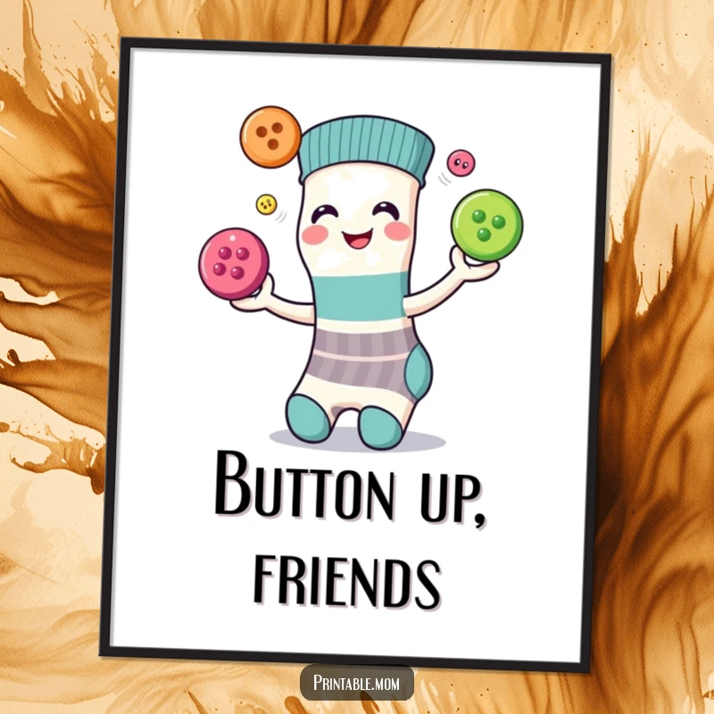 Funny poster of a smiling sock character juggling three colorful buttons with impressive skill, bringing playful energy to walls.