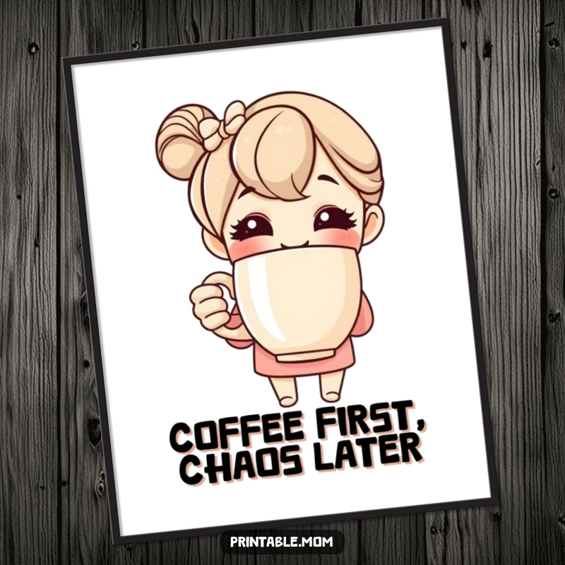 Funny poster art of a smiling mom character holding a huge coffee mug, radiating happiness and energy for wall decoration.