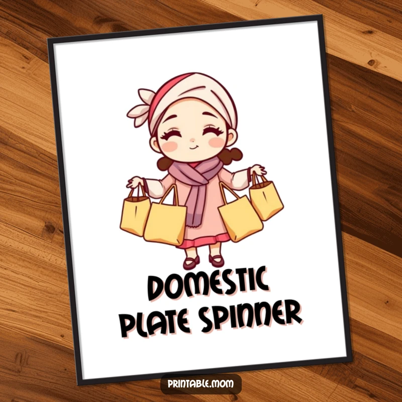 Funny mom poster illustrating a woman juggling grocery bags, capturing the busy, humorous side of parenting.