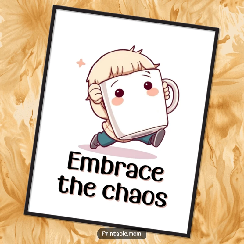 Funny Poster: Character comically tripping while holding a giant coffee mug, hilarious wall art for a good laugh.