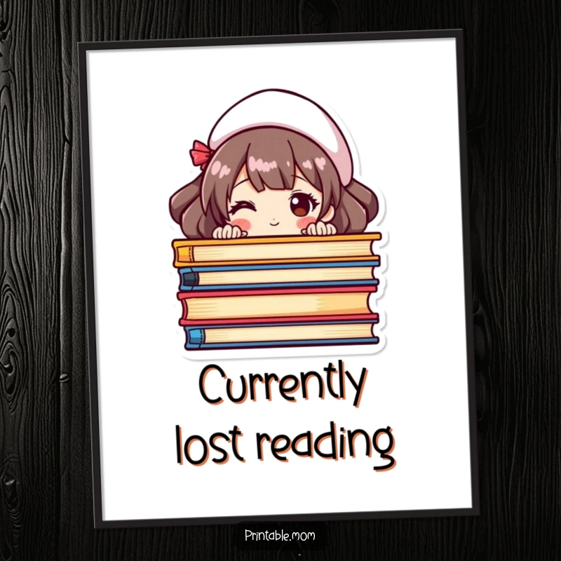 Funny poster of a mom playfully peeking from behind a vibrant stack of colorful books, celebrating literature.