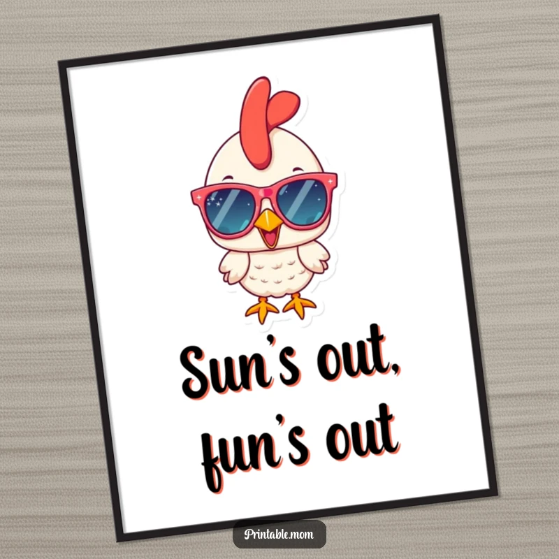 Funny artwork of a cheerful chicken wearing oversized, dazzling sunglasses, creating a humorous and stylish wall poster