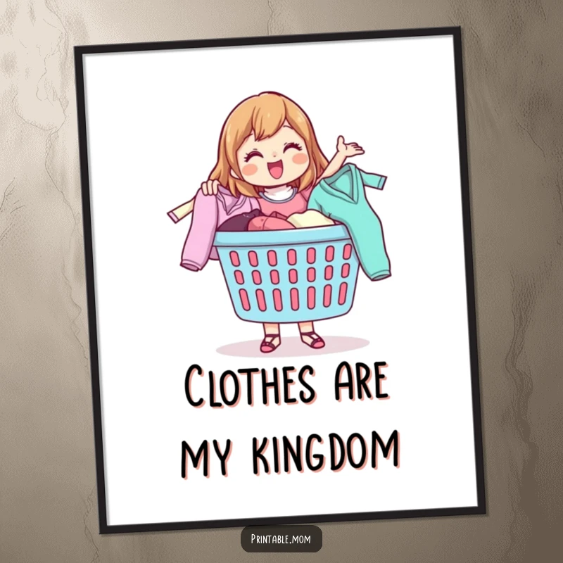 Funny poster of a happy mom character energetically tossing clothes from a laundry basket, bringing humor to the laundry room.