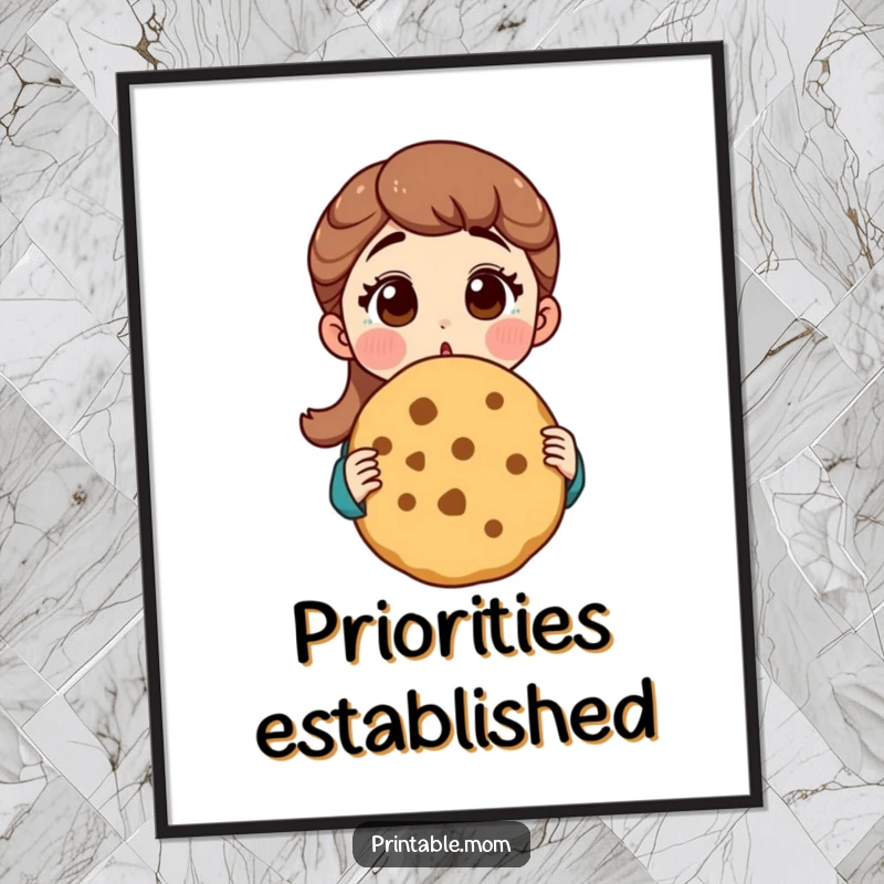 Funny mom poster featuring a mom's delighted surprise while holding an oversized cookie, perfect for kitchen or living room decor.