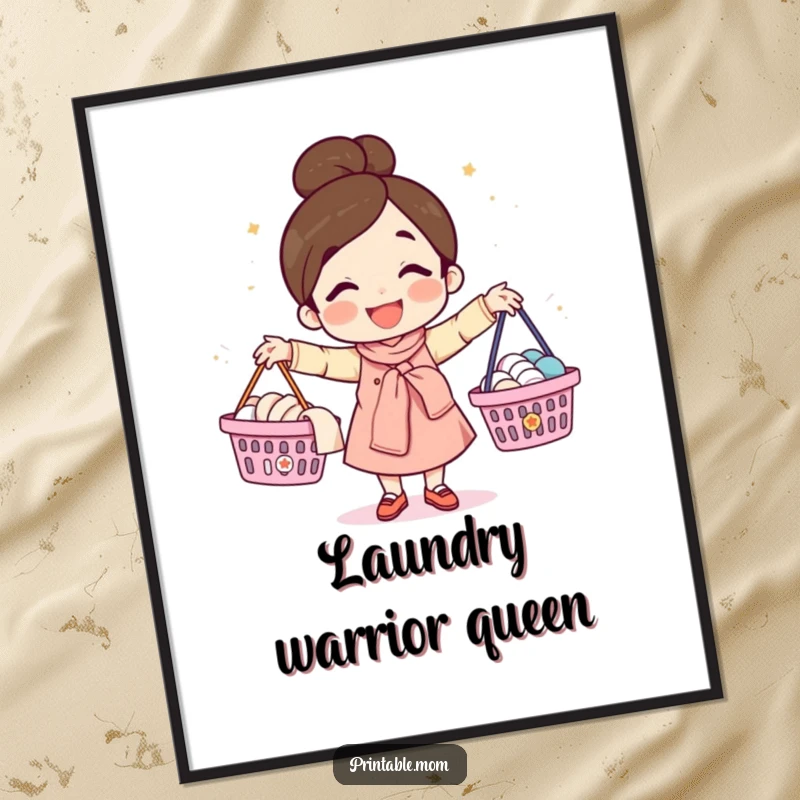 Funny poster art of a happy mom character adeptly juggling laundry baskets, capturing the essence of multitasking in a humorous way.