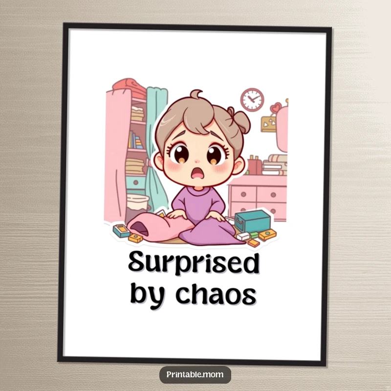 Funny poster art of a mom character with wide, surprised eyes discovering a messy room, adding humorous decor to any space.