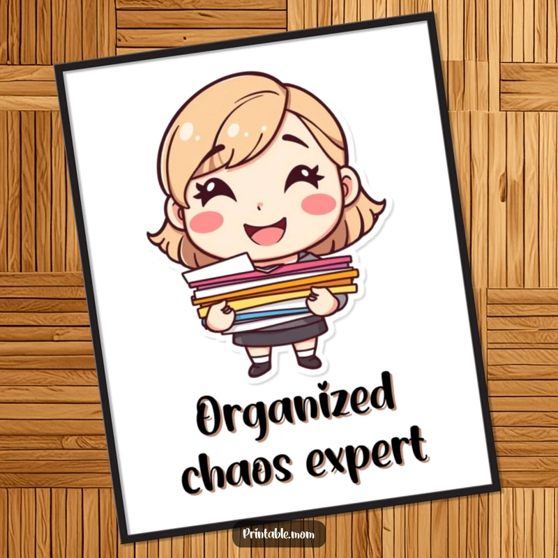 Funny cheerful mom character with a big smile holding a stack of colorful papers, as a poster.