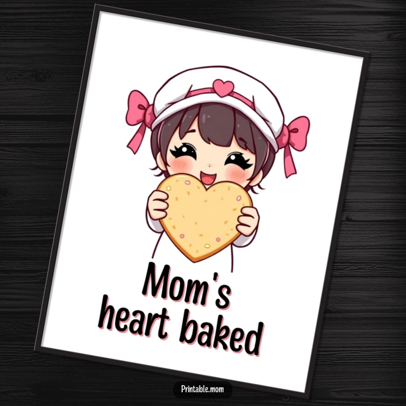 Funny poster art of a proud mom character holding a heart-shaped cookie, celebrating baking achievements with a warm and inviting expression.