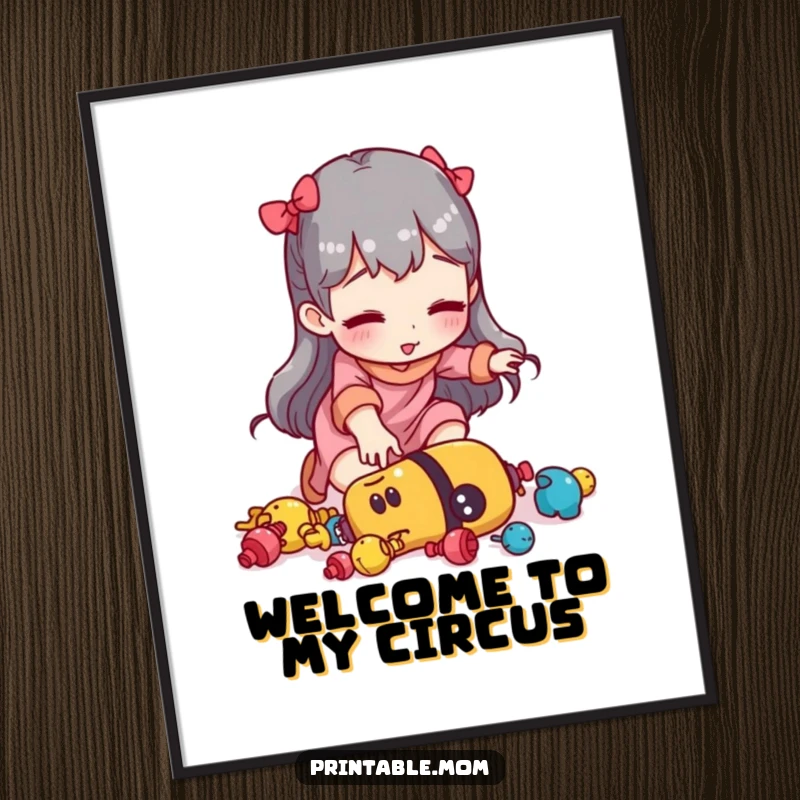 Funny mom poster illustrating a woman tripping over scattered toys, capturing the comical side of home life.