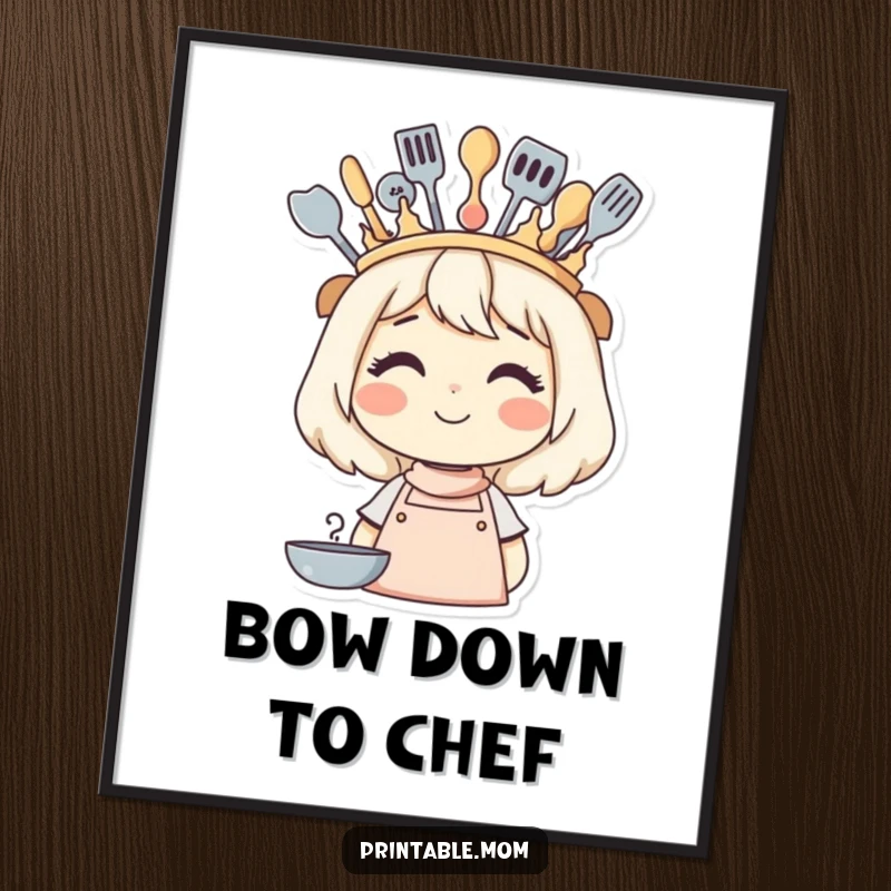 Funny poster depicting a smiling mom adorned with a crown fashioned from kitchen utensils, a queen of her domain.