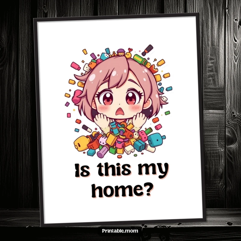 Funny poster art of a mom character with wide, astonished eyes as toys erupt in a playful, colorful explosion around her.