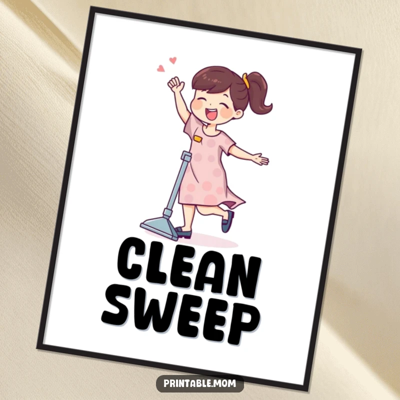 Funny mom character joyfully dancing with a vacuum cleaner, presented as a humorous poster art print.