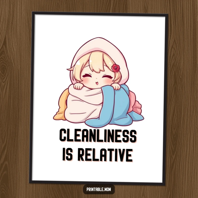Funny Poster: Character peeking out from behind a pile of laundry with a wink, humorous wall art for laundry rooms.