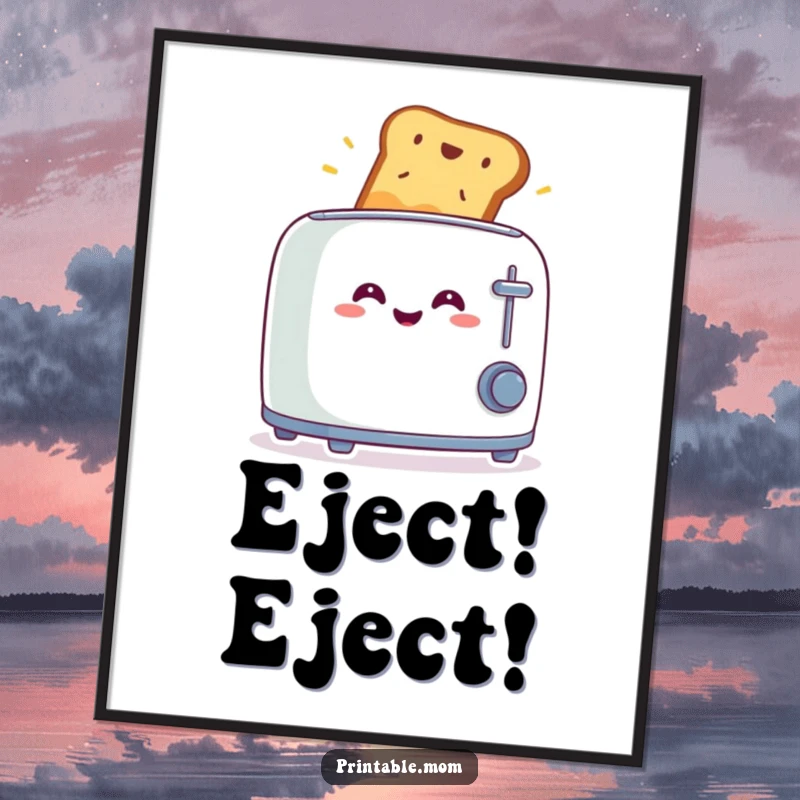 Funny poster showing a smiling toaster with toast launching out in surprise, great for adding humor to kitchen decor.