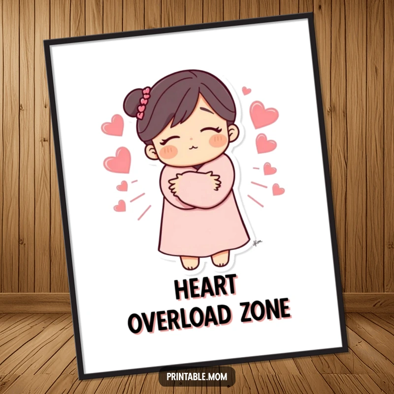 Funny Mom Poster art of a mom giving a heartwarming hug with hearts radiating outward, sweet and funny wall decor, great gift.