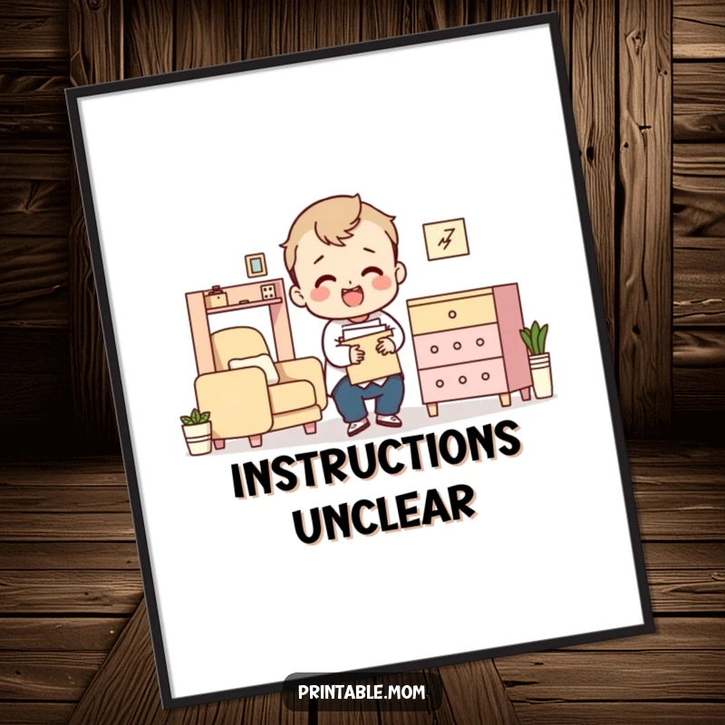 Funny poster illustrating the comical struggle of assembling flat-pack furniture, with scattered parts and tools.