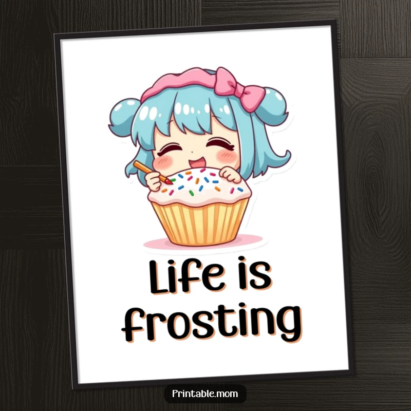 Funny Poster: Character giggling while decorating a cupcake with sprinkles, sweet and humorous wall art for kitchens.