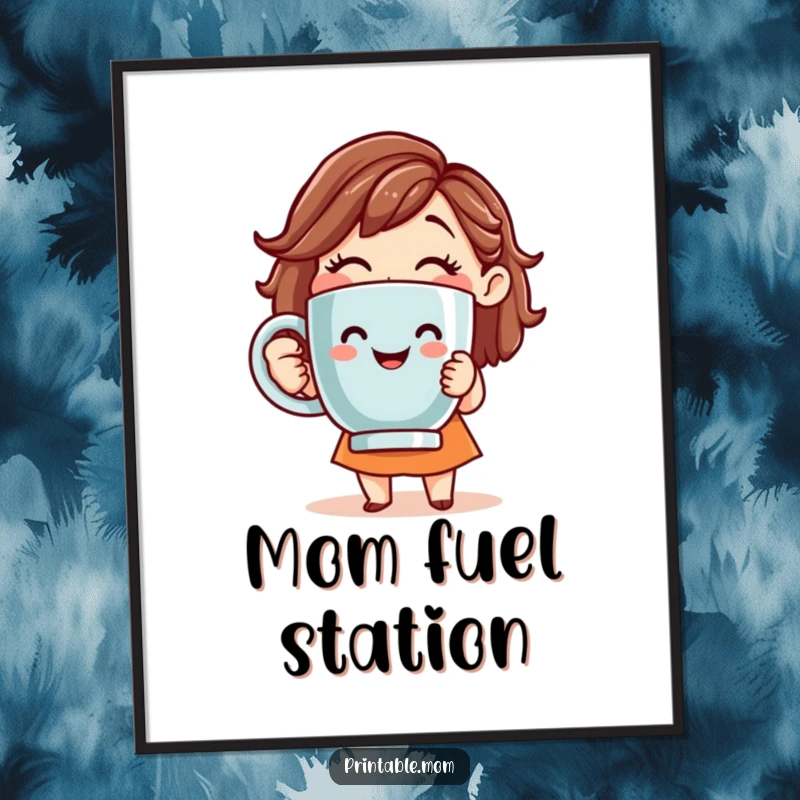 Funny poster of a smiling mom holding a giant coffee mug, perfect for a coffee-themed space.