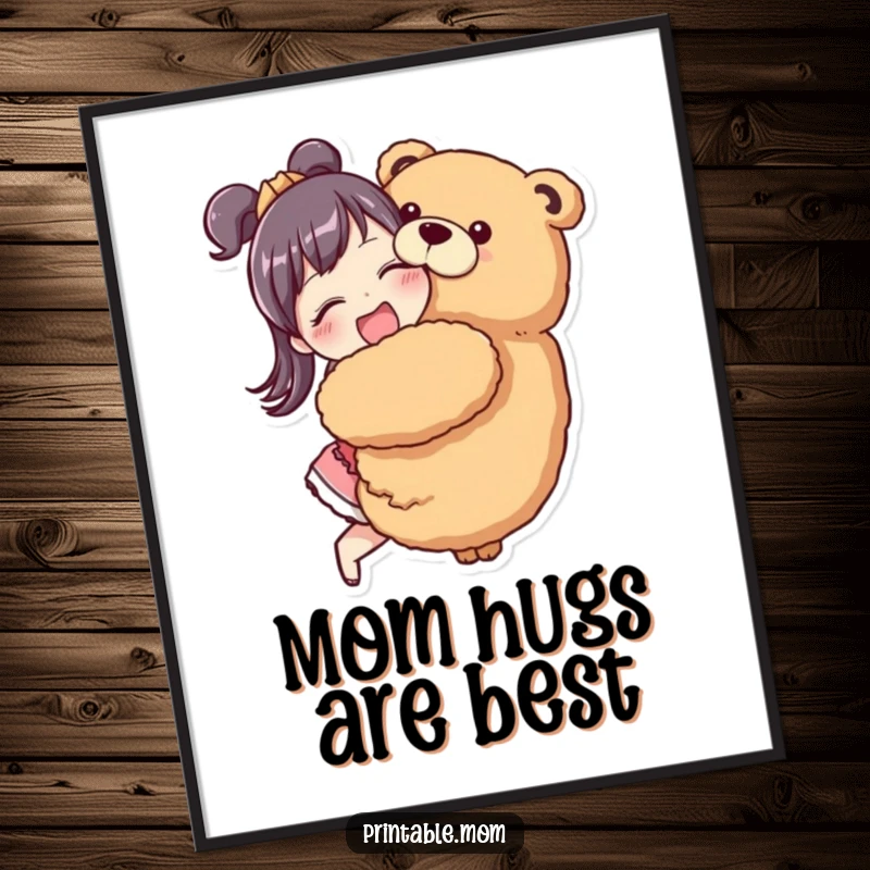 Funny Mom Poster featuring a mom character enthusiastically hugging a giant stuffed animal, perfect for decor.