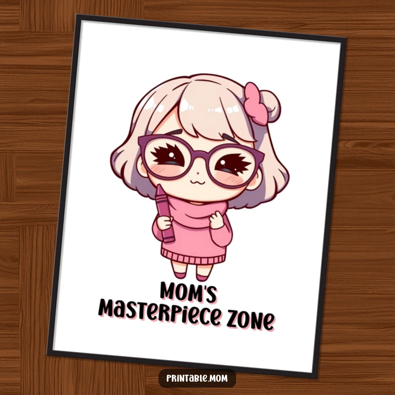 Funny poster of a mom with big glasses winking while holding a crayon, perfect for an art space.