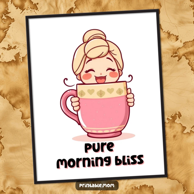 Funny poster art of a happy mom with a warm smile, giving a loving hug to an oversized, colorful coffee mug.