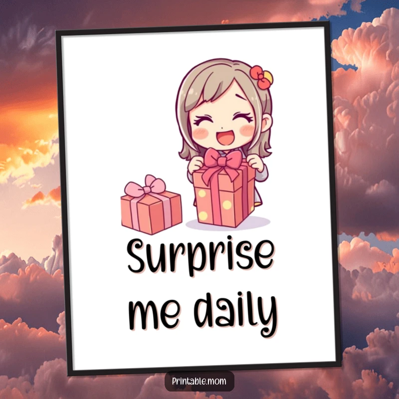 Funny poster art of a mom character excitedly unwrapping a gift, capturing the essence of surprise and happiness, great for wall decor.