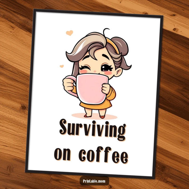 Funny poster of a smiling mom holding an enormous coffee mug, embodying the essential role of coffee in her life.