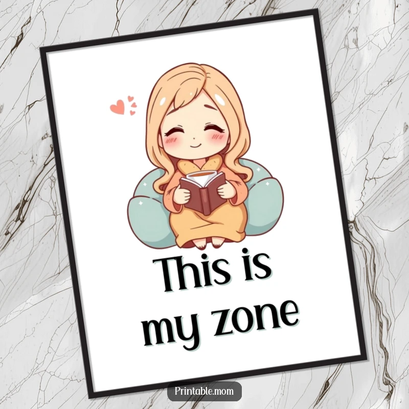 Funny poster art of a mom character deeply engrossed in a book, sipping tea with a contented sigh, radiating peace.