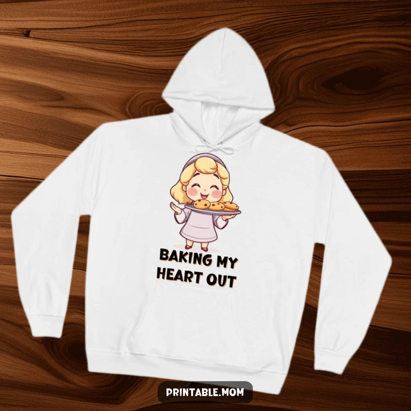 Funny Mom Hoodie: A proud mom character offers freshly baked cookies, a cozy and funny gift.