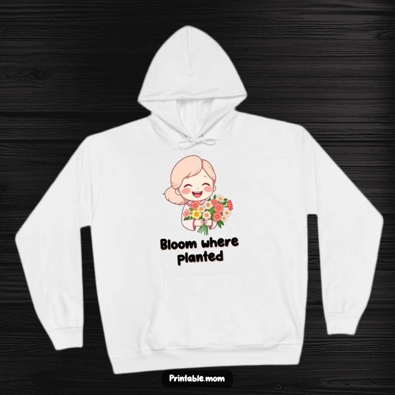 Funny hoodie depicting a mom character laughing heartily while holding a bouquet of flowers, perfect for cozy comfort and cheer.